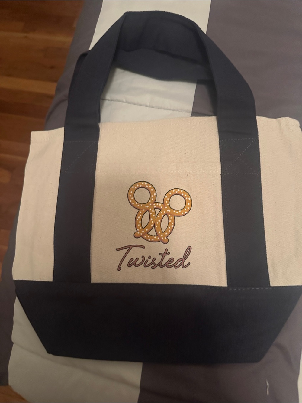 Twisted Canvas Tote in Cream and Black with Pretzel Logo BNWT